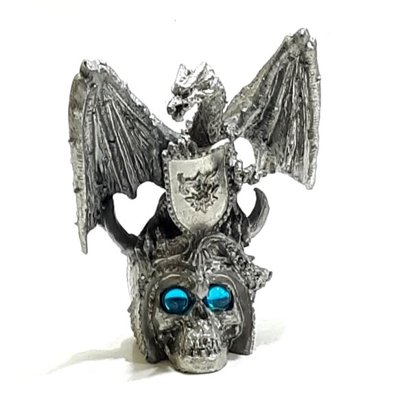 Pewter Dragon w/ Shield On Skull Figurine Statue Blue Cabochon Eyes Heavy DnD? - Picture 1 of 9